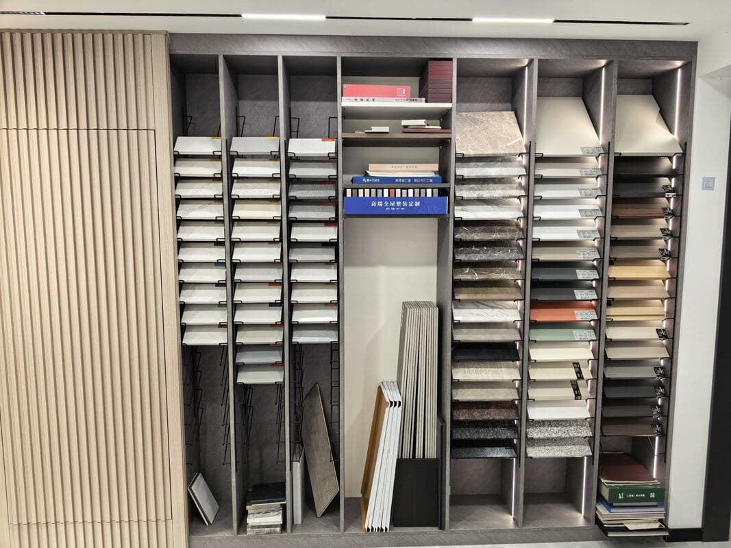 Architectural material samples displayed in a showroom