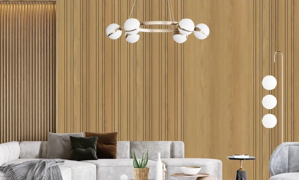 GH-01 wood-tone fluted wall covering in a sample-book interior illustration
